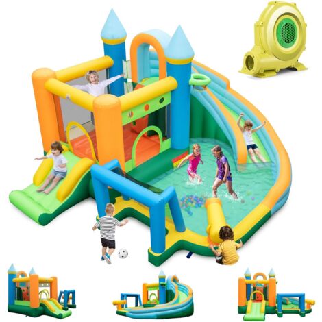 GOPLUS Castello Gonfiabile per Bambini, Parco Acquatico con Piscina, Doppie Scivole, Parete da Arrampicata, Cannone d'Acqua, Basket, Calcio, Palle Oceaniche e Gioco dell'Anello, Combo Casa Rimbalzante