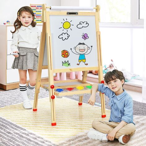GOPLUS Cavalletto da Pittura, Altezza Regolabile, Lavagna con 2 Lati, Struttura Triangolare in Legno di Pino, con Accessori da Disegno, Adatto a Bambini 3 Anni +