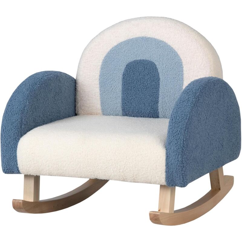 Chaise à Bascule pour Enfants, Fauteuil en Velours Peluche avec Pieds en Bois Massif, Fauteuil à Bascule Rembourré, Bleu - Goplus