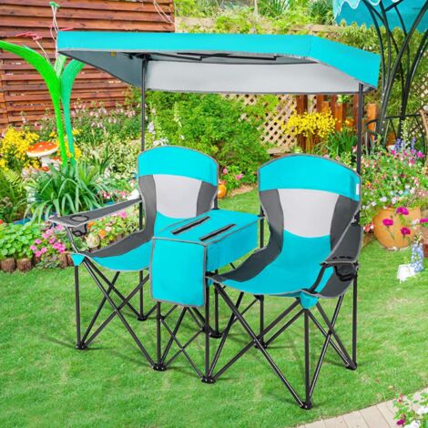 GOPLUS Chaise de Camping 2 Place avec Auvent Réglable et Amovible-Chaise Pliante avec Mini Table-Sac Isotherme-Charge 120KG Turquois