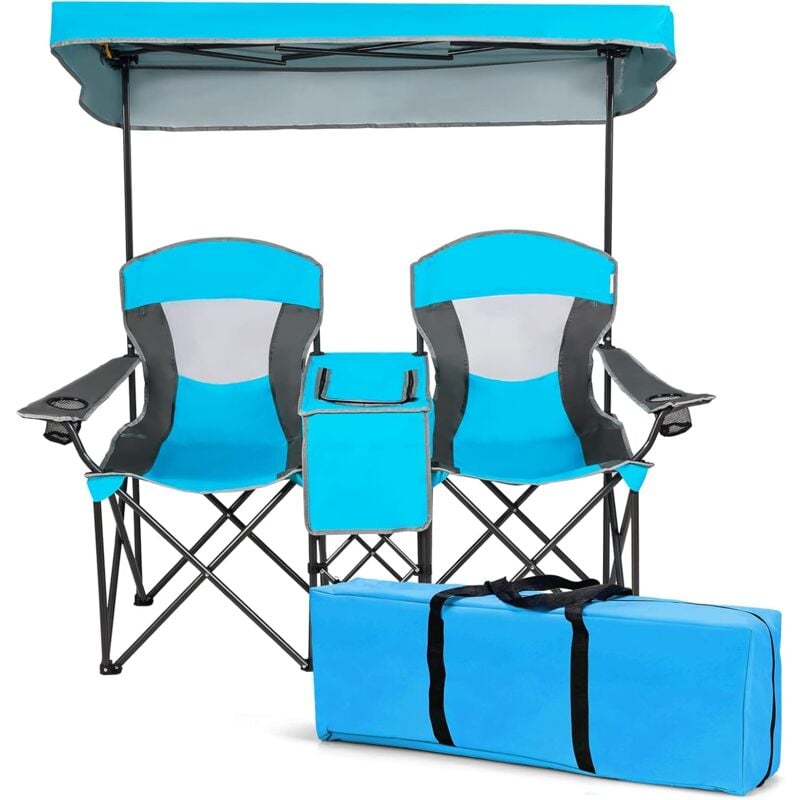 Chaise de Camping 2 Place avec Auvent Réglable et Amovible-Chaise Pliante avec Mini Table-Sac Isotherme-Charge 120KG Bleu - Goplus