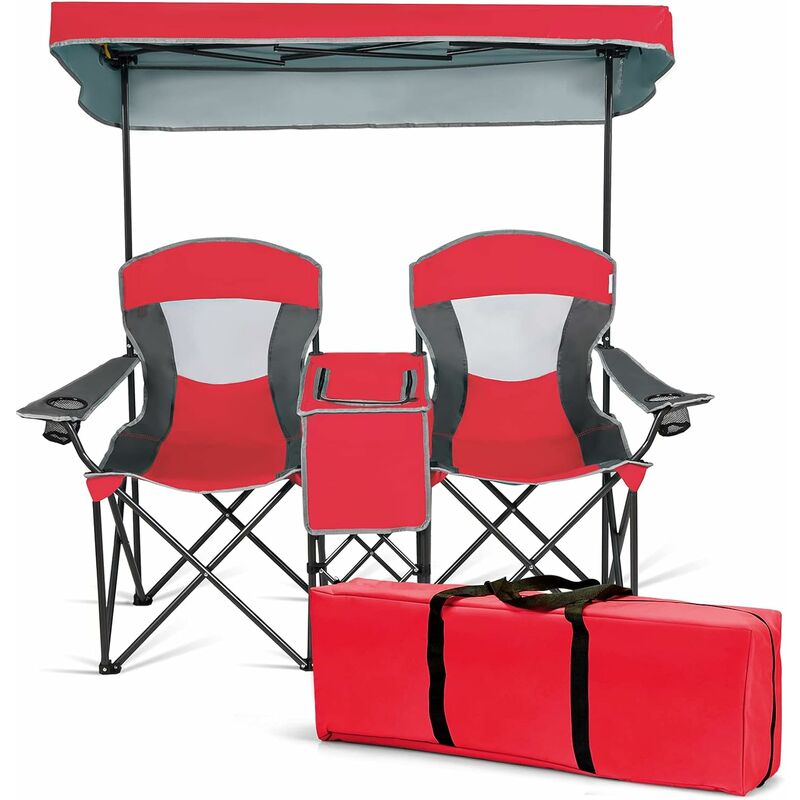 Chaise de Camping 2 Place avec Auvent Réglable et Amovible-Chaise Pliante avec Mini Table-Sac Isotherme-Charge 120KG Rouge - Goplus