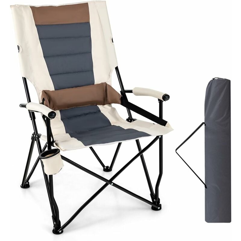 Chaise de Camping Pliable avec Coussin Lombaire & Porte-Gobelet, Chaise d'Extérieur Rembourrée avec Capacité de Charge de 150 kg, Mobilier de Camping