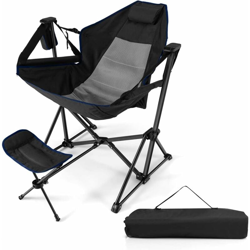 GOPLUS Chaise de Camping Pliable Inclinable avec Repose-Pieds Rétractable, Chaise Camping Portable avec Porte-gobelet & Sac de Transport, pour