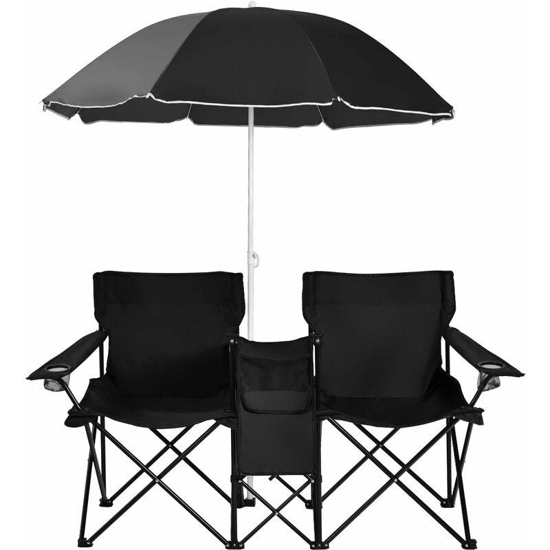 Chaise de Camping Pliante 2 Places avec Parasol, Fauteuil Camping Extérieur avec Poche, Porte-gobelets&Sac de Transport,Noir - Goplus