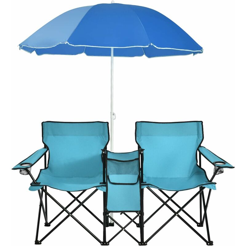 Chaise de Camping Pliante 2 Places avec Parasol, Fauteuil Camping Extérieur avec Poche, Porte-gobelets&Sac de Transport,Turquoise - Goplus