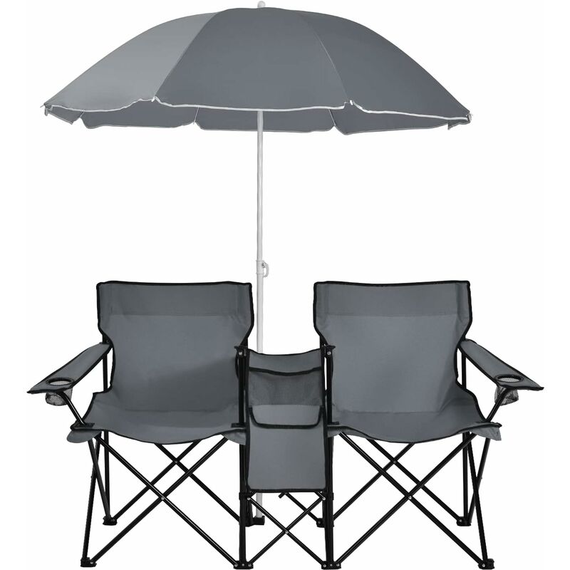 Chaise de Camping Pliante 2 Places avec Parasol, Fauteuil Camping Extérieur avec Poche, Porte-gobelets&Sac de Transport,Gris - Goplus