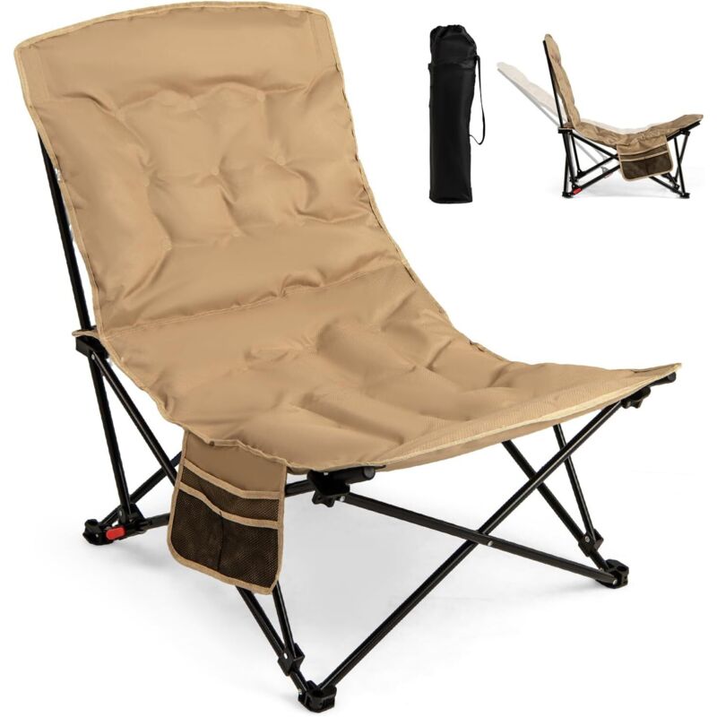 GOPLUS Chaise de Camping Pliante Portable, Chaise de Plage avec Coussin 4 Positions Reglable,Ultra Leger Charge 225 kg, Poche Latérale et Sac de