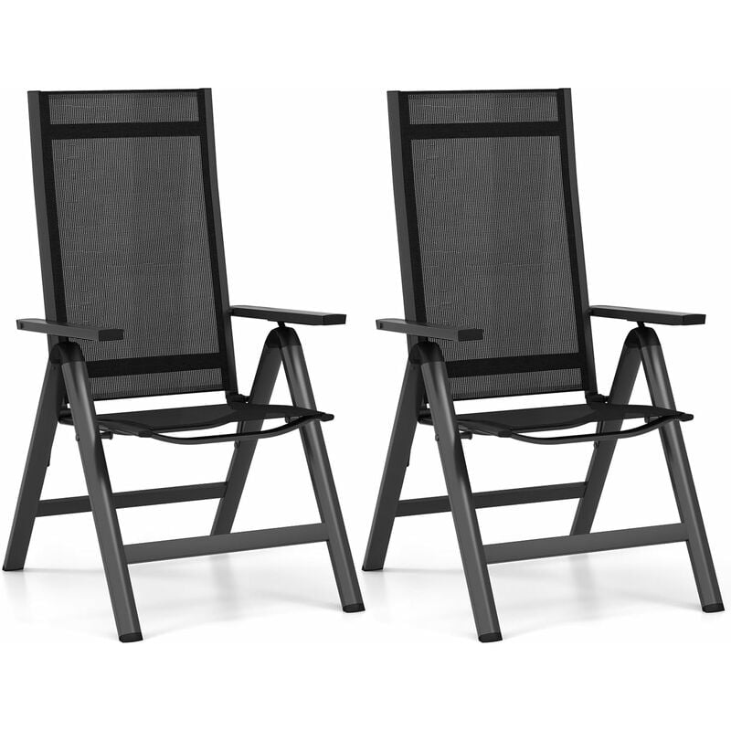 2 Chaise de Jardin Pliante-Dossier Réglable en 7 Positions-Accoudoirs-Légère/Portable-en Alliage d'Aluminium&Maille Noir - Goplus