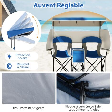 GOPLUS Chaise de Plage Double avec Auvent Réglable pour 2 Personnes, Chaise de Camping Pliante Portable Sac Isotherme, Porte-Gobelets, Poche de Rangement & Sac de Transport,163 x 72 x 153 CM (Bleu)