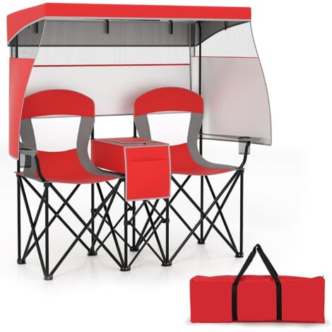 GOPLUS Chaise de Plage Double avec Auvent Réglable pour 2 Personnes, Chaise de Camping Pliante Portable Sac Isotherme, Porte-Gobelets, Poche de Rangement & Sac de Transport,163 x 72 x 153 CM (Rouge)