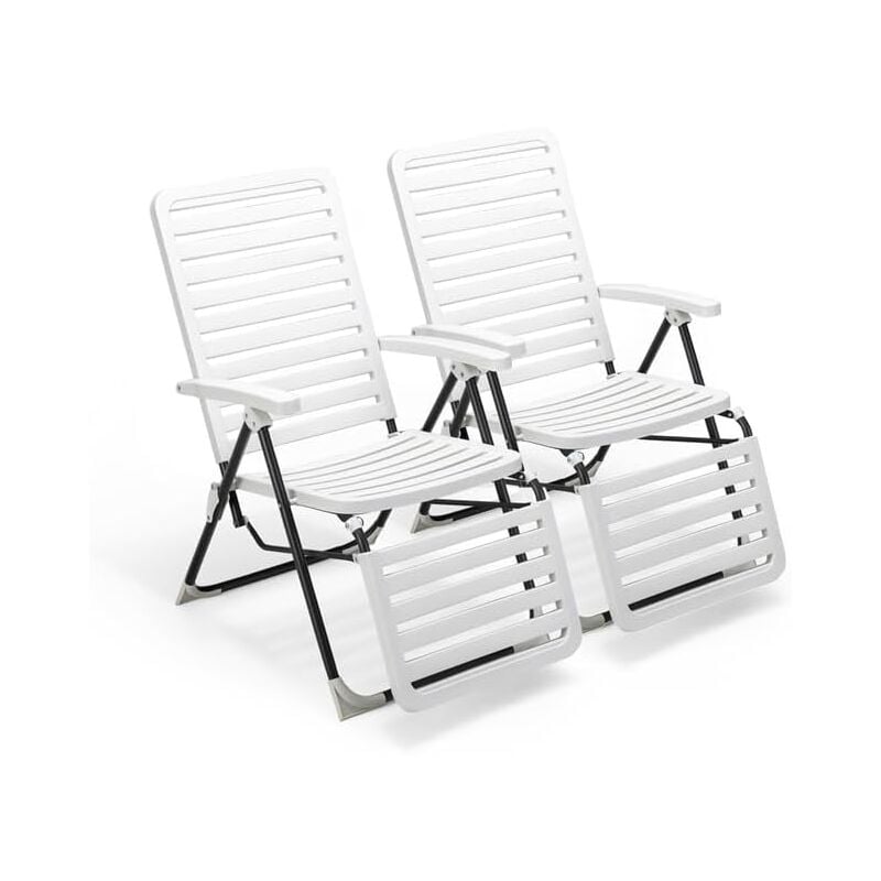 Lot de 2 Chaises Longue Pliante Réglables à 7 Positions Charge 120KG-avec Dossier et Repose-Pieds Blanc - Goplus