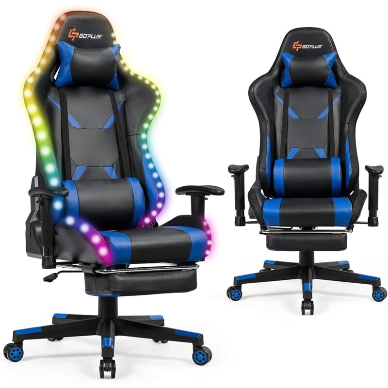 Goplus - Chaise Gaming Pivotante avec Dossier Inclinable 90-155°, Hauteur et Accoudoir Reglables,Fauteuil Gamer Illumine de Siege Ergonomique avec