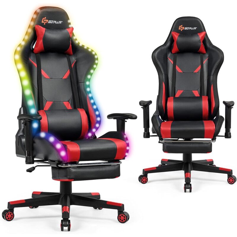 Goplus - Chaise Gaming avec Dossier Inclinable 90-155°,Hauteur Reglable,Fauteuil Ergonomique avec Effet lumineux,Repose-Pieds,Rouge
