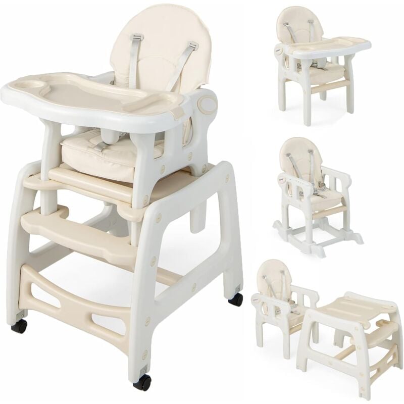 Chaise Haute 4 en 1 avec Fonction de Bascule, Ensemble de Table + Chaise Multifonctionnel pour Enfant 0,5-8 Ans avec Dossier Réglable, Plateau