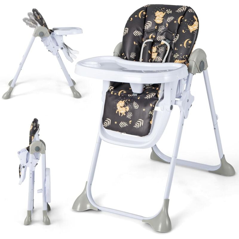 Chaise Haute Bébé, Chaise Haute Pliable Réglable avec Plateau Amovible, Dossier Ergonomique, Harnais 5 Points et Roues, Chaise d'Alimentation pour 6