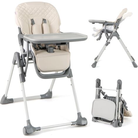 GOPLUS Chaise Haute Bébé Evolutive pour 6-36 Mois, Chaise Haute Bébé Pliable avec Repose-pieds, Plateau Amovible, Coussin de Siège, Harnais à 5 Points, Charge 15KG (Beige)