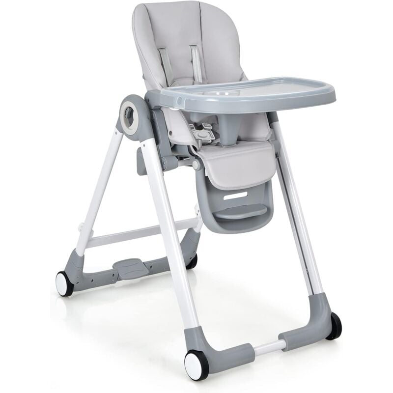 Chaise Haute Bébé Pliableà Roulettes 6-36 Mois-Hauteur Réglable-Dossier/Repose-Pieds-Doubles Plateaux-Coussin Amovible Gris - Goplus