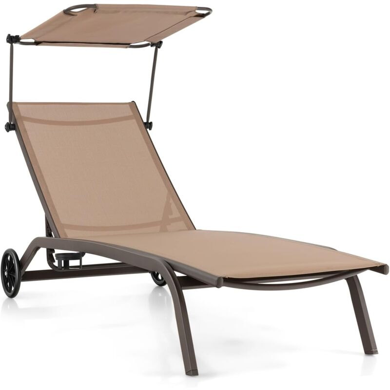 Chaise Longue avec Pare-Soleil Réglable-Bain de Soleil Dossier Réglable à 6 Niveaux avec Roulettes-Charge 150KG Marron - Goplus