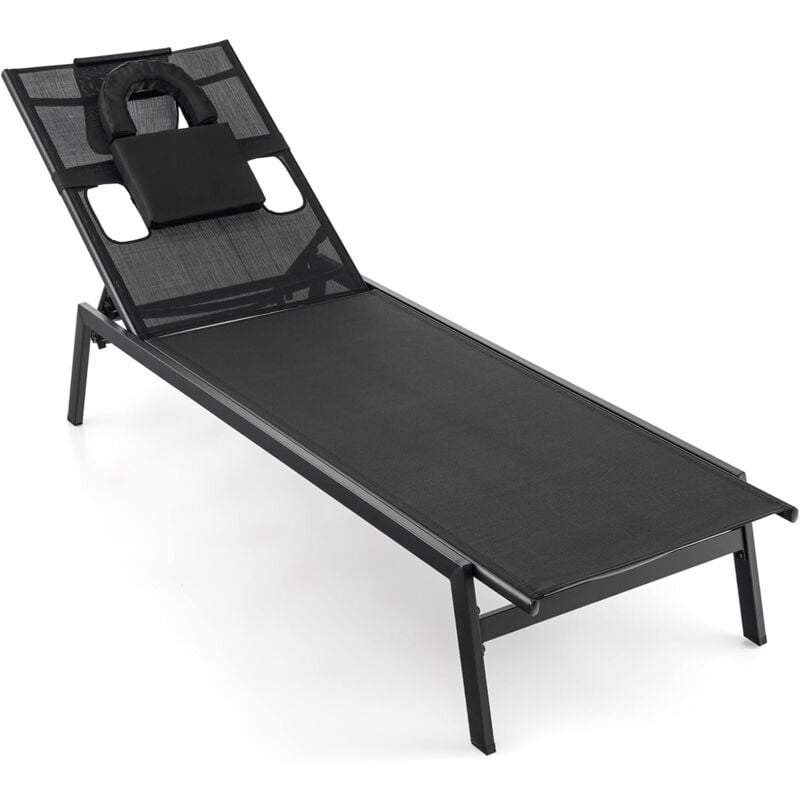 Chaise Longue-Bain de Soleil avec Trou pour Visage avec Dossier Réglable à 5 Niveaux et Oreiller Amovible Charge 150KG Noir - Goplus