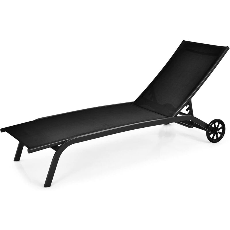 GOPLUS Chaise Longue Bain de Soleil Dossier Reglable en 6 Positions, Fauteuil Inclinable en Textilene Durable avec Roues,Jusqu’a 150 KG, pour