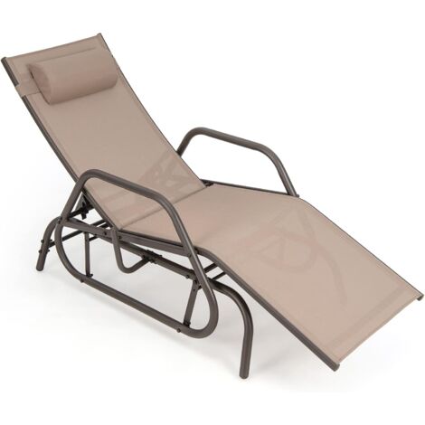 GOPLUS Chaise Longue Bascule de Jardin avec Accoudoir et Oreiller Amovible Charge 160 KG-Fauteuil Inclinable pour Piscine Marron