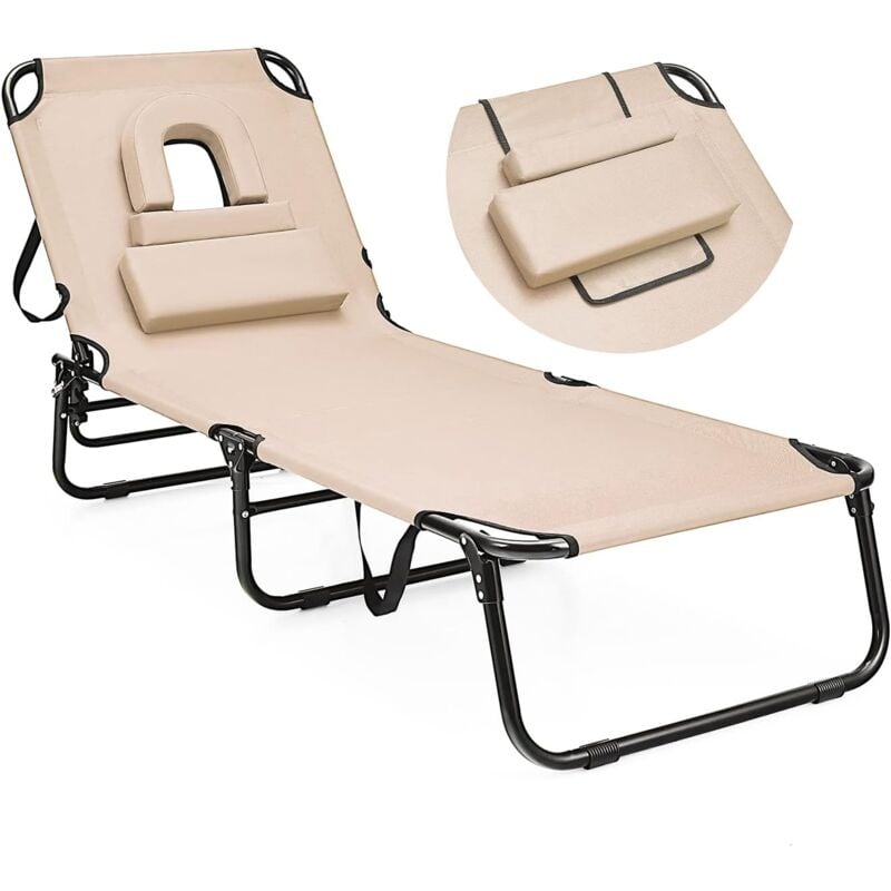 Chaise Longue Pliante Réglable en 5 Positions-Transat Jardin avec Trou pour Visage&3 Coussins Amovibles-Charge 160KG Beige - Goplus