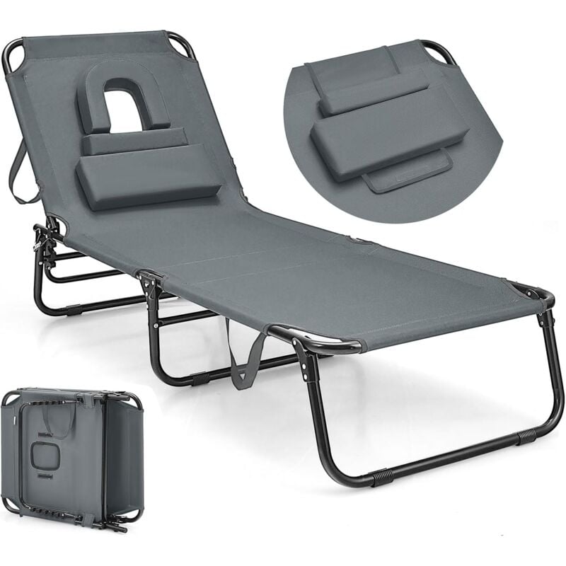 Chaise Longue Pliante Réglable en 5 Positions-Transat Jardin avec Trou pour Visage&3 Coussins Amovibles-Charge 160KG Gris - Goplus