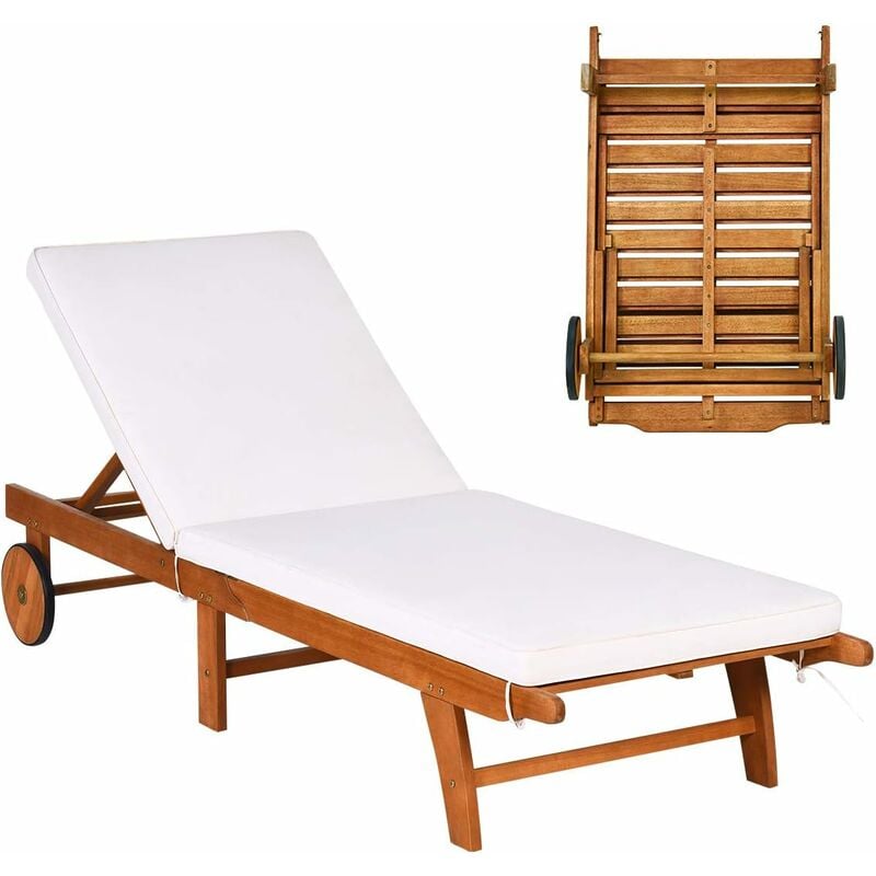 Chaise Longue en Bois Pliable avec Dossier Reglable sur 6 Positions et Coussin Amovible,Bain de Soleil d'Exterieur avec 2 Roues,Ideal pour
