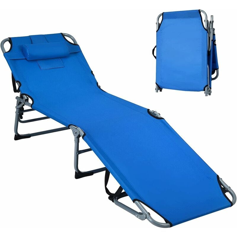 Chaise Longue Extérieur Pliante, Transat Réglable à 5 Positions,Charge 150KG,avec Trou de Visage & Appui-tête Amovible, Bleu - Goplus