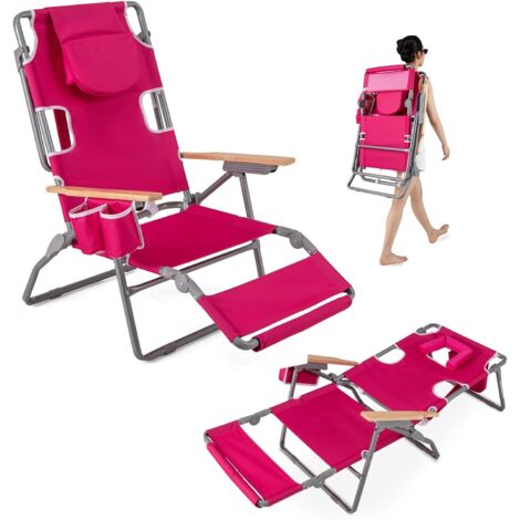 GOPLUS Chaise Longue Pliable avec Trou Visage, Transat Jardin Extérieur avec Dossier Réglable, Porte-Serviettes, Poches de Rangement, Bain de Soleil pour Plage, Jardin Charge 150 KG (Rouge Rose)