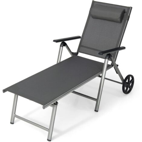 GOPLUS Chaise Longue Pliable de Jardin avec roulettes, Transat Inclinable en Aluminium avec Dossier Réglable à 7 Niveaux & Appui-tête Amovible, Résistant aux Intempéries, pour Balcon, Terrasse