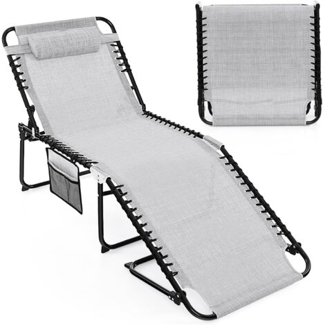 GOPLUS Chaise Longue Pliable, Grande Chaise Longue d'Extérieur avec Dossier Réglable à 4 Positions, Oreiller Amovible & Poche, Chaise de Plage Portable pour Terrasse, Bord de Piscine, Camping (Gris)