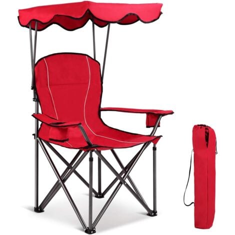 GOPLUS Chaise Pliante avec Pare Soleil,Chaise de Camping Pliable Confort Auvent,avec Porte-gobelets Integres,Siege Pliant Durable avec Sac Transport pour Pisque-Nique,Randonnee (Rouge, 97x67x134cm)