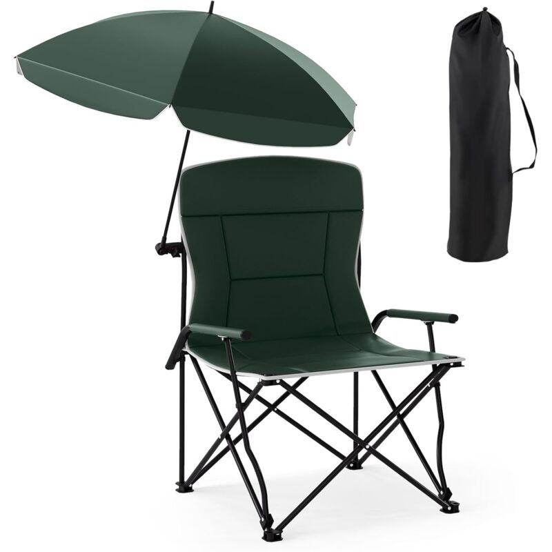 GOPLUS Chaise Pliante Camping avec Parasol Réglable, Chaise de Plage Pliable avec Accoudoirs, Siège et Dossier Rembourrés, Sac de Transport Portable,