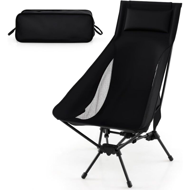 GOPLUS Chaise Pliante Camping, Chaise de Randonnée Pliable Ultra-Leger avec Dossier Haut, SacTransport Compact, Coussin, pour Extérieur Randonnée,