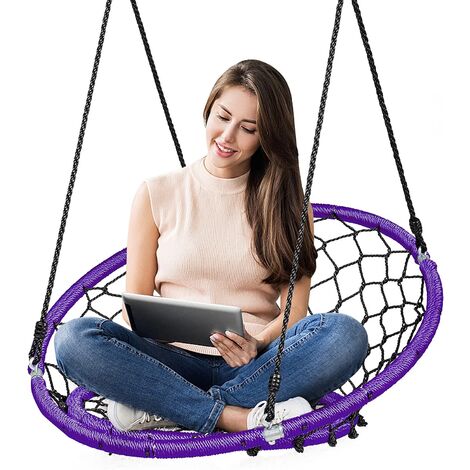 GOPLUS Chaise Suspendu, Balancoire Nid d’Oiseau en Filet Tricote par Corde PE en Acier, Chaise Balancoire avec Dossier pour Interieur/Exterieur, Patio, Jardin, Terrasse, Capacite de 150KG (Violet)