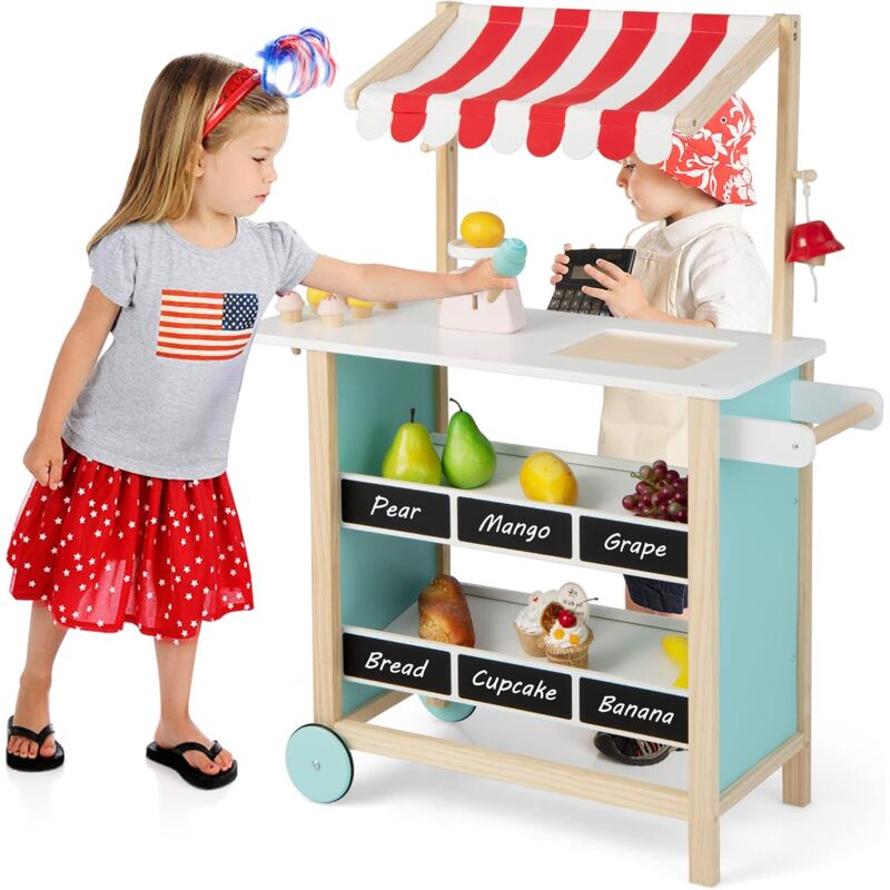 GOPLUS Chariot à Crème Glacée en Bois pour Enfants, avec 6 Crème Glacée, Sonnette, Support de Nourriture, Tableau Noir (Rouge)