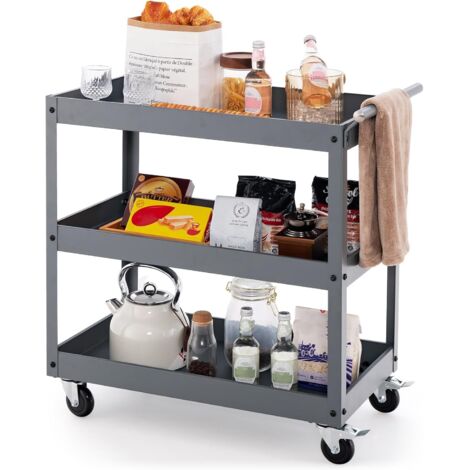 GOPLUS Chariot à Outils 3 Niveaux avec 4 Roues Universelles et Poignée Latérale, Porte-Serviettes, Servante d'Atelier Roulant pour Garage, Salle de Bain, Entrepôt, 76 x 38 x 76 cm,Noir (Gris)