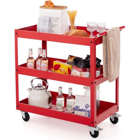 GOPLUS Chariot à Outils 3 Niveaux avec 4 Roues Universelles et Poignée Latérale, Porte-Serviettes, Servante d'Atelier Roulant pour Garage, Salle de Bain, Entrepôt, 76 x 38 x 76 cm,Noir (Rouge)