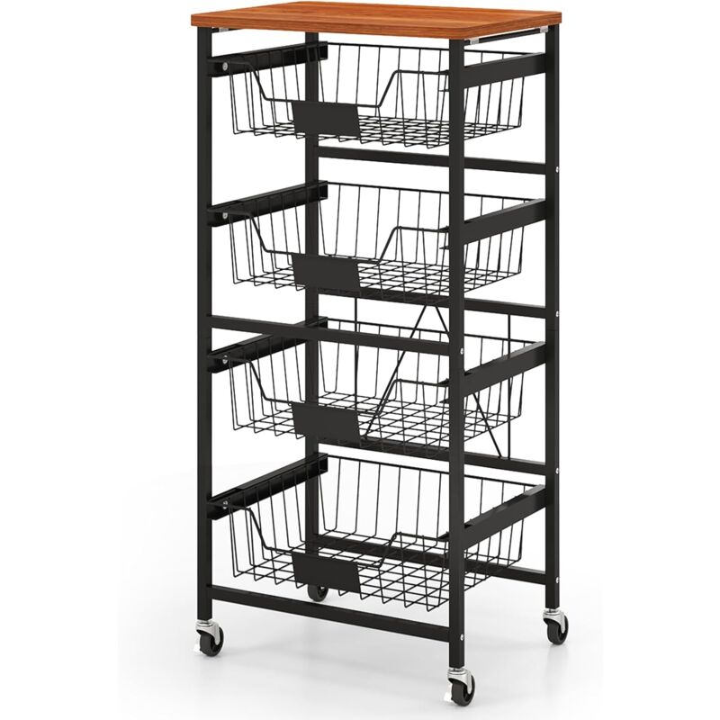 Goplus - Chariot à Roulette de Cuisine, Desserte à roulettes avec Paniers en Maille Coulissants, 4 roulettes (2 avec Freins) pour Cuisine, Salon,