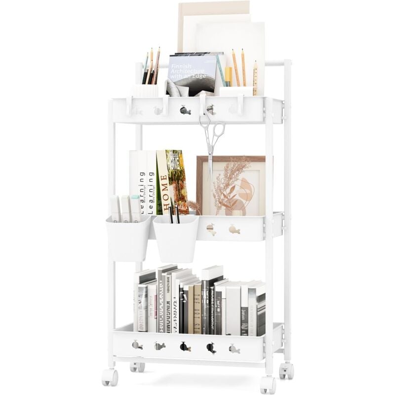Chariot à roulettes à 3 Niveaux, 4 Roues Universelles Verrouillables, Poignée, 2 Bacs de Rangement, 4 Crochets, Desserte Chariot de Rangement Mobile