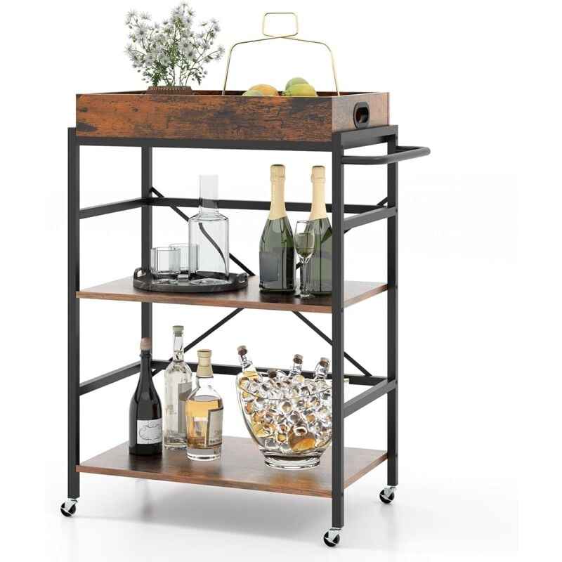 Goplus - Chariot à roulettes à 3 Niveaux, Plateau Amovible, 4 roulettes Universelles Verrouillables, Desserte Chariot Roulant Style Industriel, pour