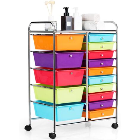 GOPLUS Chariot à roulettes avec 15 Tiroirs, Cadre en Fer&Tiroirs en Plastique, Chariot de Rangement à 4 Roulettes, 2 avec Frein, pour Chambre, Bureau, 63 x 37 x 87 CM (Multicolore)