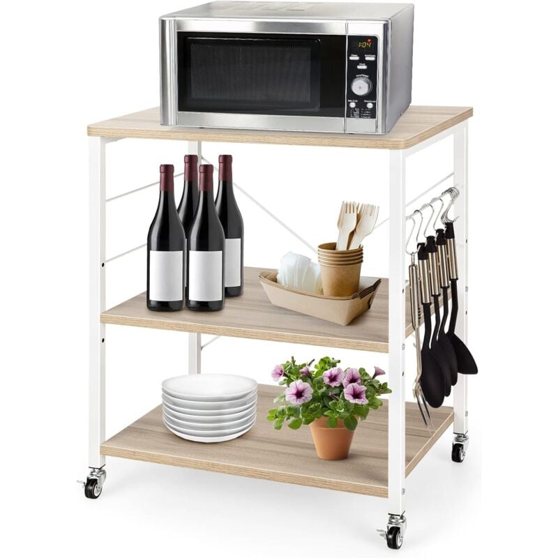 Goplus - Chariot à roulettes de Cuisine 3 Niveaux, Étagère Chariot de Rangement avec Étagères Réglables avec 10 Crochets Amovibles, 60x40x78cm,