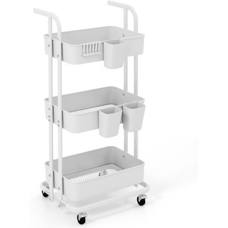 GOPLUS Chariot à roulettes Pliable à 3 Niveaux, Desserte Cuisine Pliable avec 3 Gobelets Suspendus, 6 Crochets, Roues Verrouillables, Chariot de Service pour Cuisine, Salon, Salle à Manger