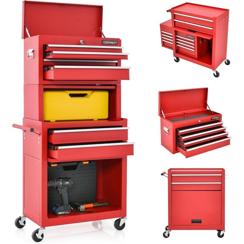 Goplus - Servante d'Atelier avec Coffre Amovible,Coffre à Outils Roulant avec 6 Tiroirs/Armoire Réglable,pour Garage/Atelier,Rouge