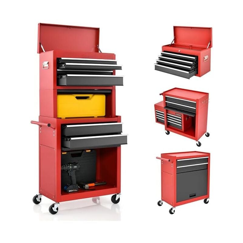 GOPLUS Servante d’Atelier avec Coffre Amovible,Coffre à Outils Roulant avec 6 Tiroirs/Armoire Réglable,pour Garage/Atelier,Noir+Rouge
