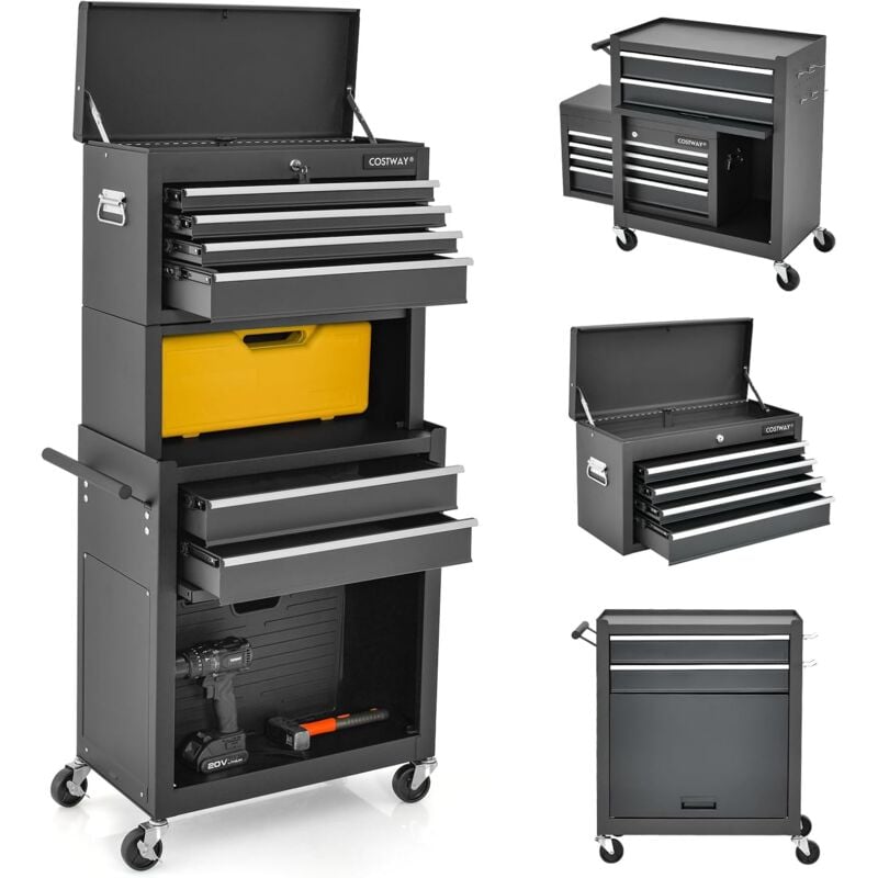 Goplus - Servante d'Atelier avec Coffre Amovible,Coffre à Outils Roulant avec 6 Tiroirs/Armoire Réglable,pour Garage/Atelier,Noir