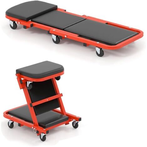 GOPLUS Chariot d'Atelier en Forme de Z, Plateau d'Atelier Pliable 2 en 1, Planche de Montage Roulante avec Siège Rembourré et 6 Roues, Fonction Assise et Couchée, pour Réparation Automobile (Noir)